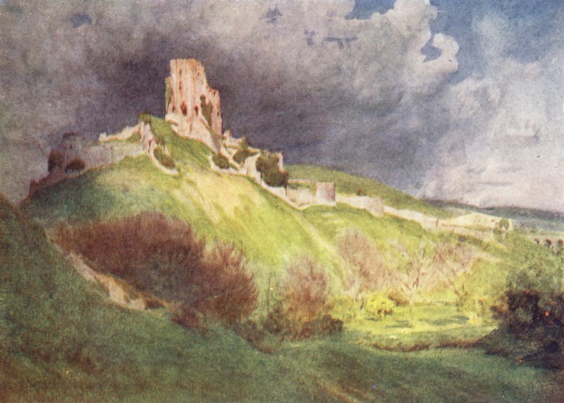 Wessex: Corfe Castle, "Corvesgate Castle" av Ethelbertas hand (färglitografi) av Walter Frederick Roofe Tyndale