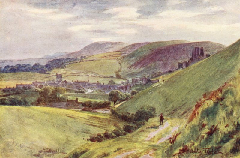Wessex: Corfe Castle från Nine Barrow Down (färglitografi) av Walter Frederick Roofe Tyndale