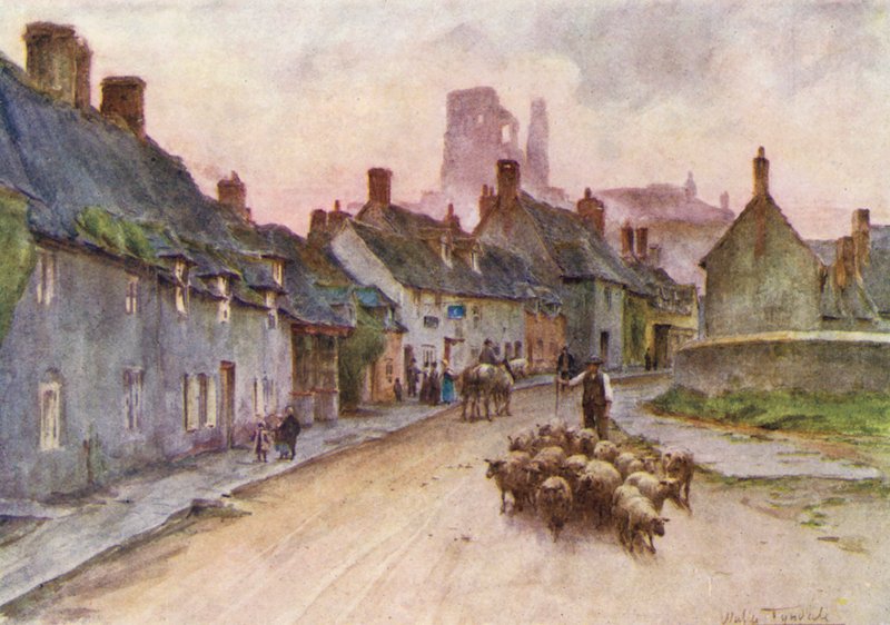 Wessex: Corfe Castle från West Street (färglitografi) av Walter Frederick Roofe Tyndale