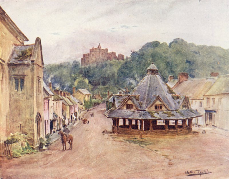 Wessex: Dunster Castle och garnmarknad (färglitografi) av Walter Frederick Roofe Tyndale