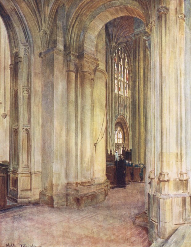 Wessex: Interiör från klostret i Sherborne (färglitografi) av Walter Frederick Roofe Tyndale