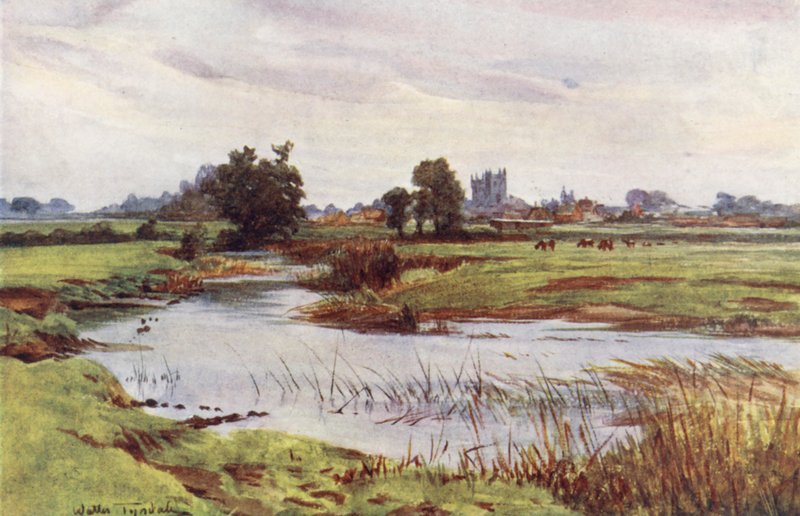 Wessex: The Stour, Wimborne Minster i fjärran (färglitografi) av Walter Frederick Roofe Tyndale
