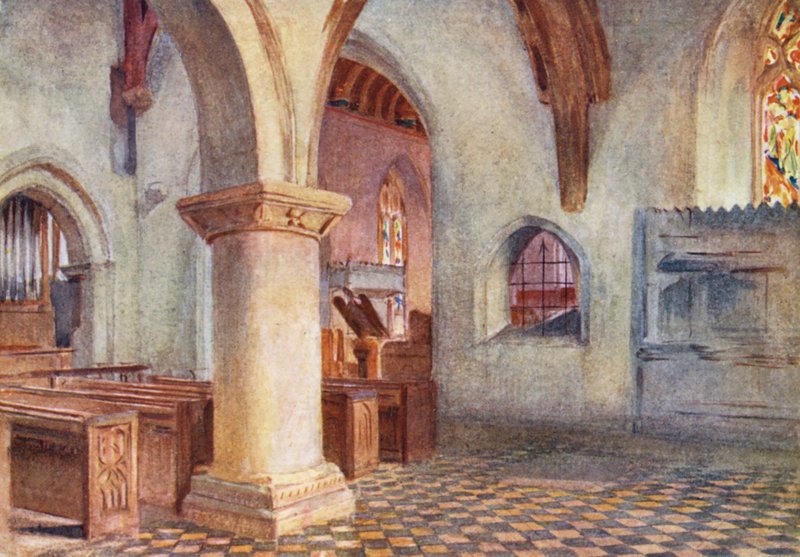 Wessex: Kyrkan i Bere Regis (färglitografi) av Walter Frederick Roofe Tyndale