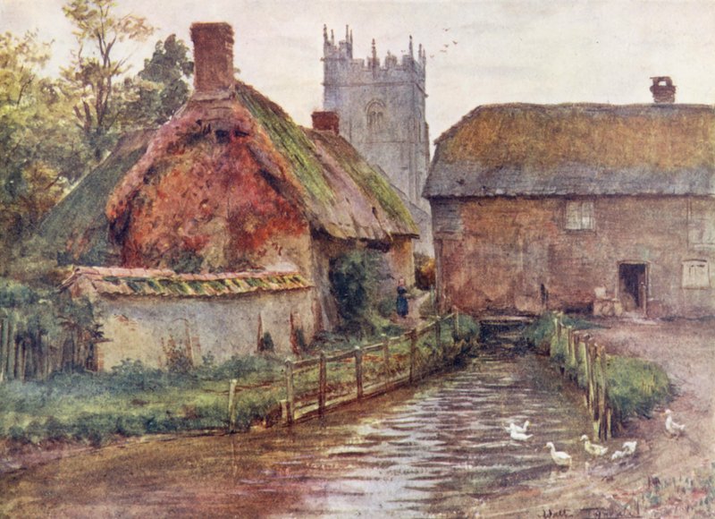 Wessex: Kvarnen och kyrkan vid Affpuddle, nära Dorchester (färglitografi) av Walter Frederick Roofe Tyndale