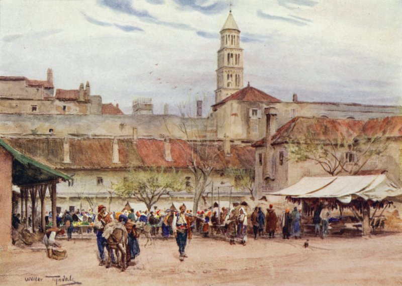 Jugoslavien: Marknadsdag i Split (färg litho) av Walter Frederick Roofe Tyndale