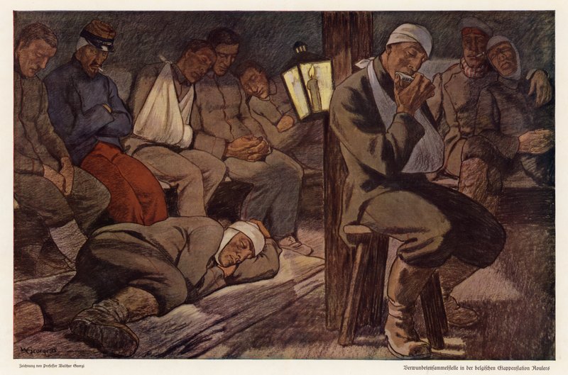 Sårade soldater vid röjningsstationen i Roulers, Belgien, första världskriget (färg litho) av Walter Georgi