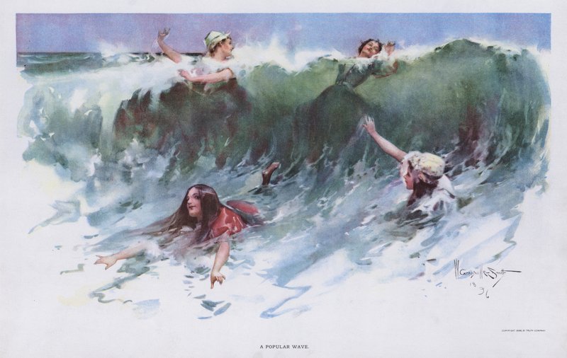 En populär våg: kvinnor som leker i vågorna vid havet (färg litho) av Walter Granville Smith