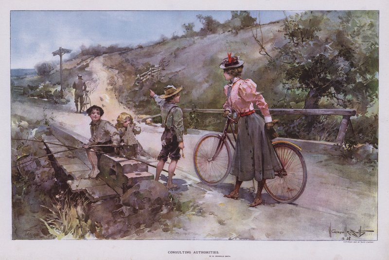 Rådgivande myndigheter: kvinna ute på cykeltur och frågar en grupp barn om vägbeskrivning (färg litho) av Walter Granville Smith