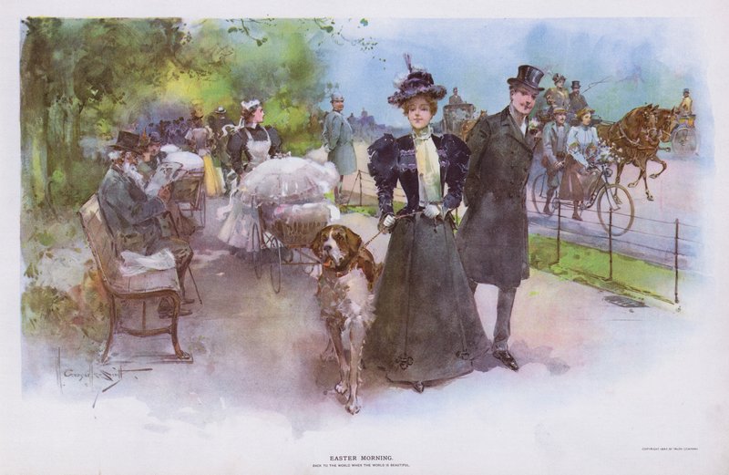 Påskmorgon: kvinna promenerar med sin hund (färg litho) av Walter Granville Smith