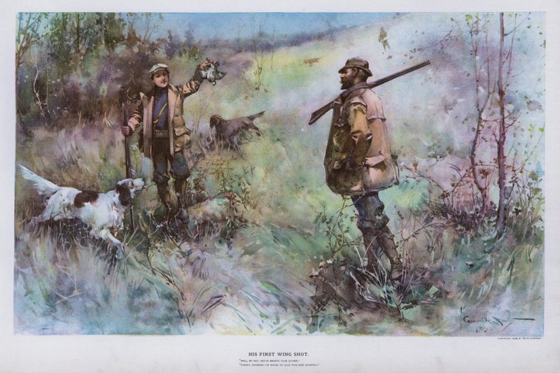 Hans första vingskott: jaktscen (litho i färg) av Walter Granville Smith