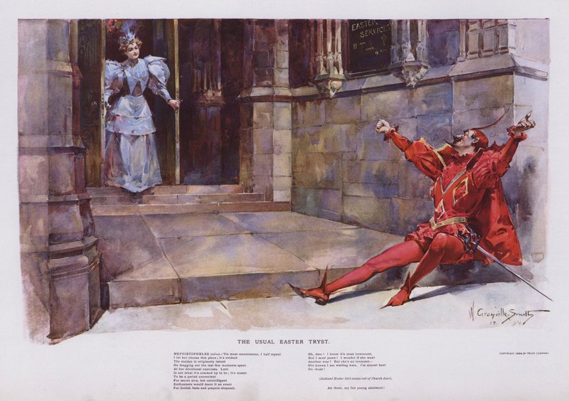 The Usual Easter Tryst: Mephistopheles väntar på att en flicka ska lämna en kyrka (färg litho) av Walter Granville Smith