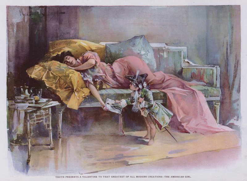 Sanningen presenterar en valentin till den största av alla moderna skapelser - den amerikanska flickan (färg litho) av Walter Granville Smith