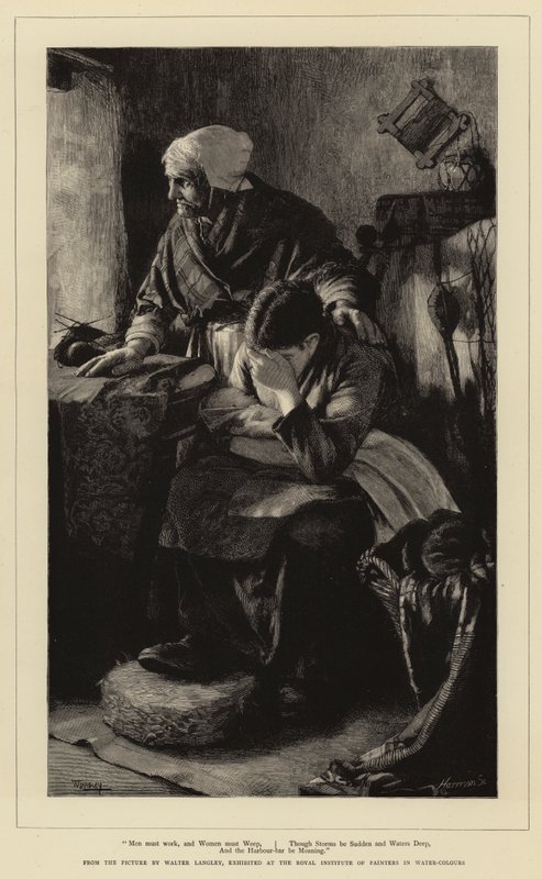 Män måste arbeta, och kvinnor måste gråta, fastän stormar är plötsliga och vatten djupa, och hamnbaren stönar av Walter Langley