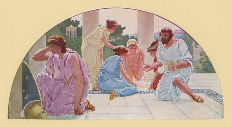 Akilles förklädd till skolflicka upptäckt av Odysseus (färglitografi) av Walter MacEwen