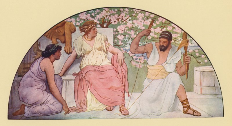 Herkules med distaff som snurrar för drottning Omphale (färglitografi) av Walter MacEwen