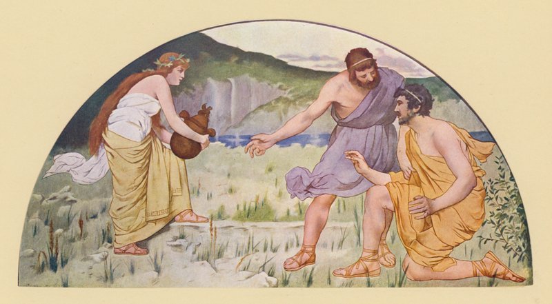 Prometheus varnar Epimetheus för Pandora (färglitografi) av Walter MacEwen
