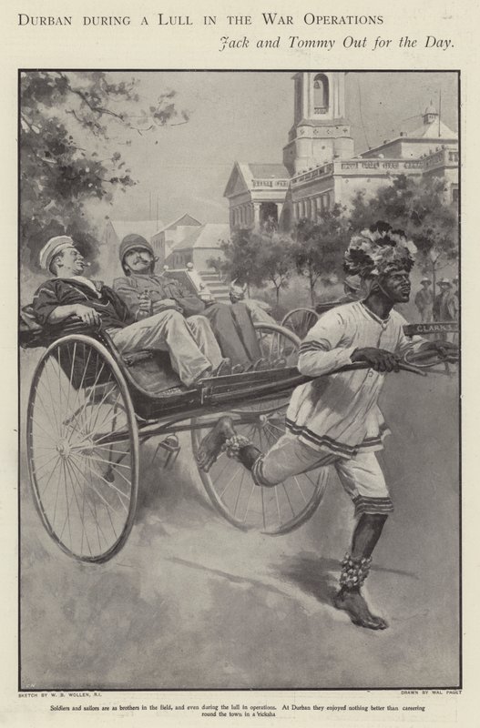 Brittisk sjöman och soldat tar en tur i en rickshaw genom Durbans gator under en paus i striderna i boerkriget (litho) av Walter Paget