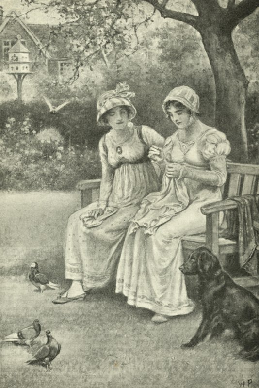 Jane Austen, syr, med sin syster Cassandra i prästgårdsträdgården (litho) av Walter Paget