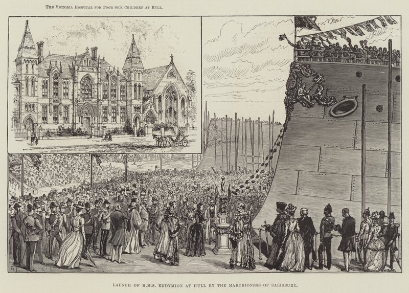 Lansering av HMS Endymion vid Hull av Marchioness of Salisbury av Walter Paget
