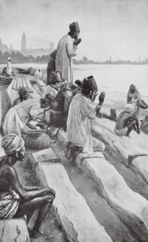 Parsis tillber den uppgående solen på stranden i Bombay (litho) av Walter Paget