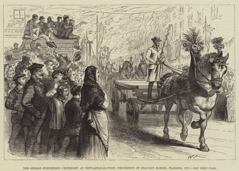 George Stephensons hundraårsjubileum i Newcastle-on-Tyne, procession med draghästar, vagnar etc. av Walter Paget