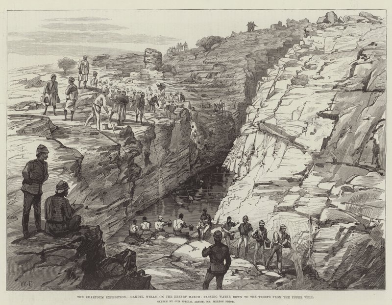 Khartoum-expeditionen, Gakdul Wells, på ökenmarschen, som passerar vatten ner till trupperna från den övre brunnen av Walter Paget