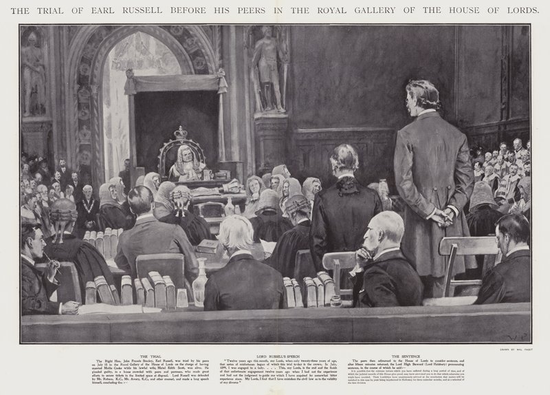 Rättegången mot Earl Russell inför hans kamrater i Royal Gallery of the House of Lords, Westminster (litho) av Walter Paget