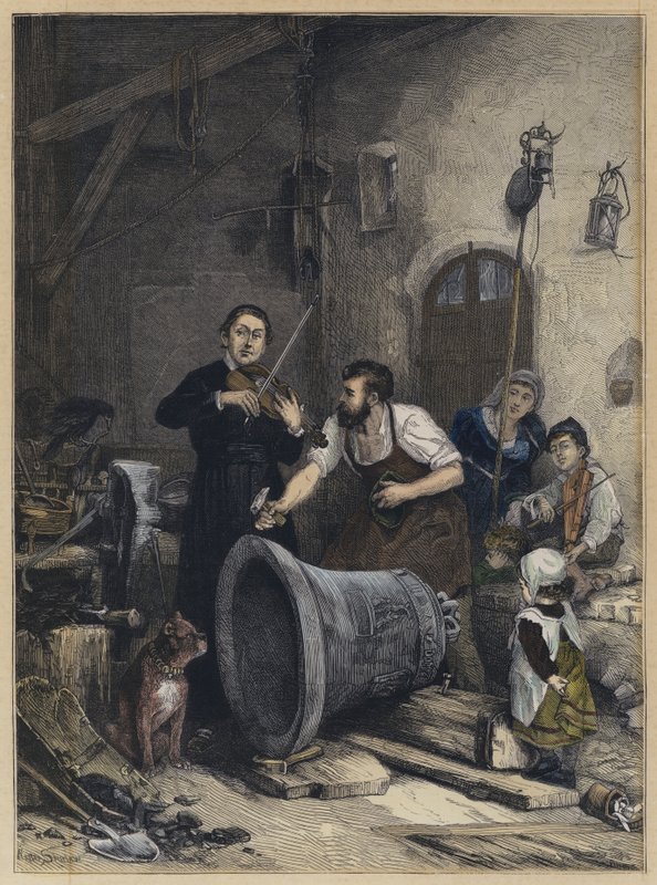 The Toning of the Bell (färgad gravyr) av Walter Shirlaw