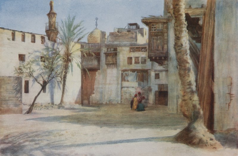 En innergård nära Tentmakers Bazaar, Kairo färg litho av Walter Spencer Stanhope Tyrwhitt
