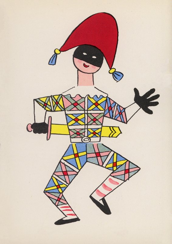 Figurer från barnböcker: Harlequin (färglitografi) av Walter Trier