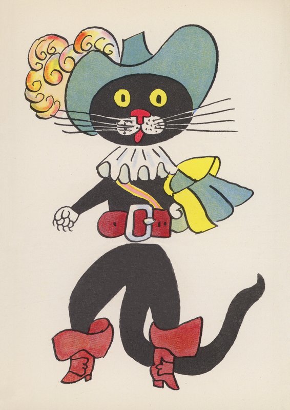 Figurer från barnböcker: Mästerkatten i stövlar (färglitografi) av Walter Trier