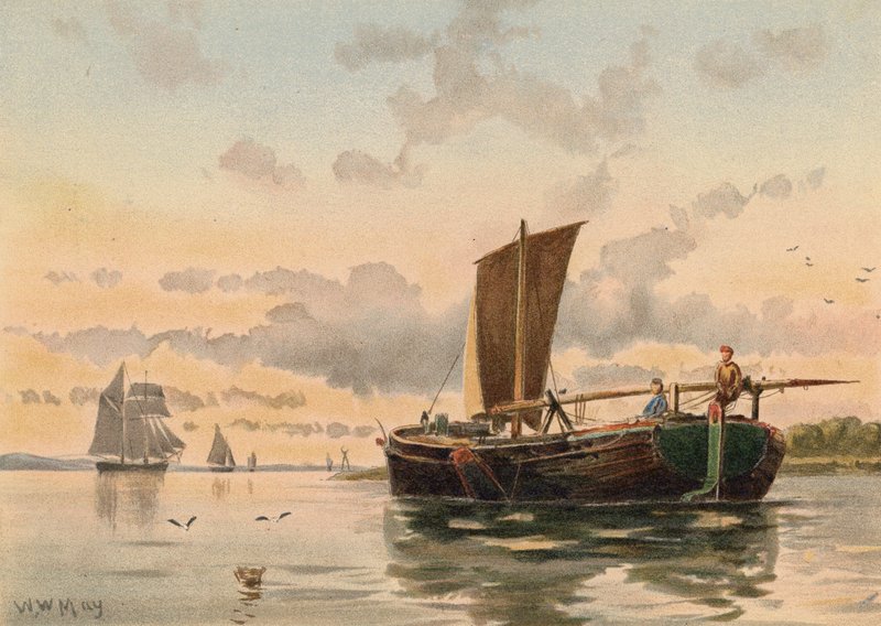 Pråm som släpps upp på Medway (färglitografi) av Walter William May