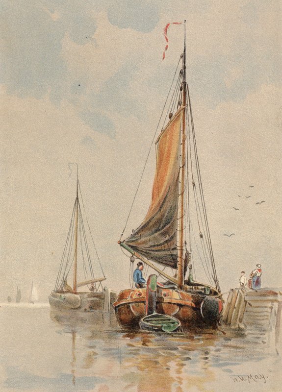 Holländska båtar på Maas (färglitografi) av Walter William May