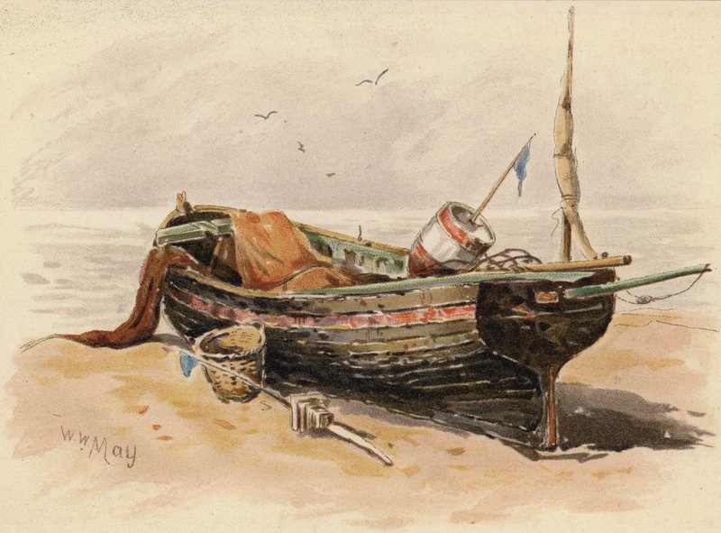 Fransk fiskebåt (färglitografi) av Walter William May