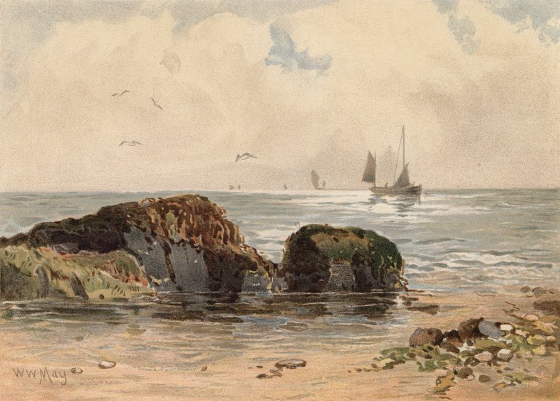 Stenar vid lågvatten (färglitografi) av Walter William May