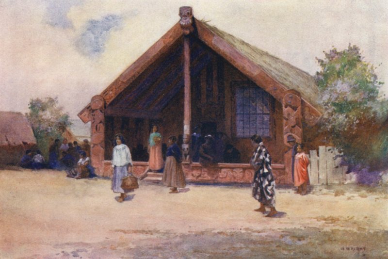 Nya Zeeland: Carved House, Ohinemutu (färglitografi) av Walter Wright