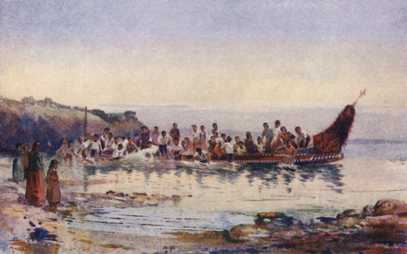 Nya Zeeland: Återkomsten av krigskanoten (färglitografi) av Walter Wright