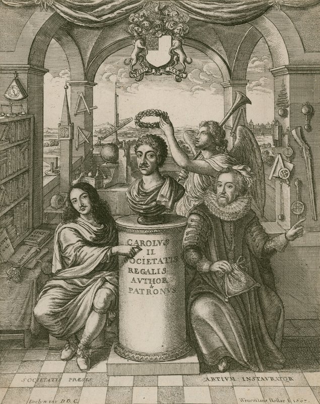 Byst av Charles II, med Lord Brouncker (vänster), den första presidenten för Royal Society, och Francis Bacon (höger) av Wenceslaus Hollar