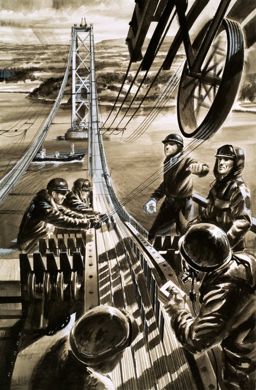 Byggandet av bron över Firth of Forth (gouache på papper) av Wilf (20th century) Hardy