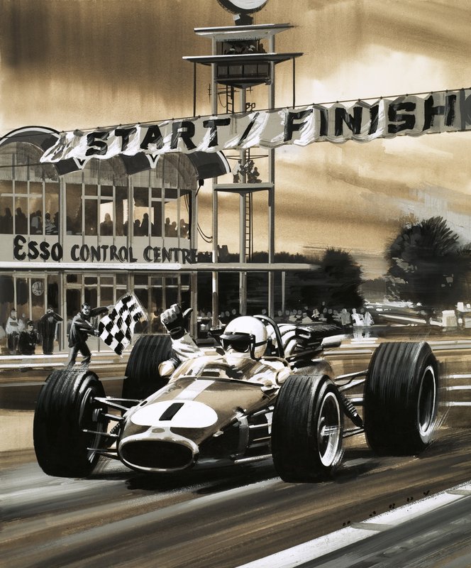 Jack Brabham gör tummen upp när han vinner det första Grand Prix-loppet i Kanada någonsin av Wilf (20th century) Hardy