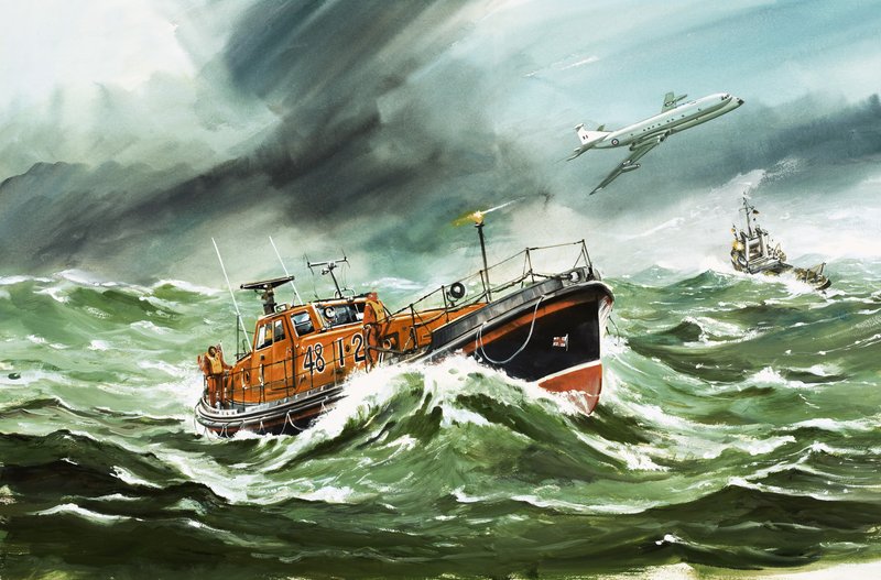 Den 15 meter långa RNLI Oakley-livräddningsbåten på väg till ett fartyg i nöd av Wilf (20th century) Hardy