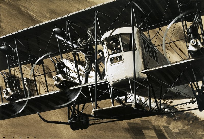 Två besättningsmän bland vajrar och stag på ett bombplan av typen Ilia Mourometz II släcker en motorbrand av Wilf (20th century) Hardy