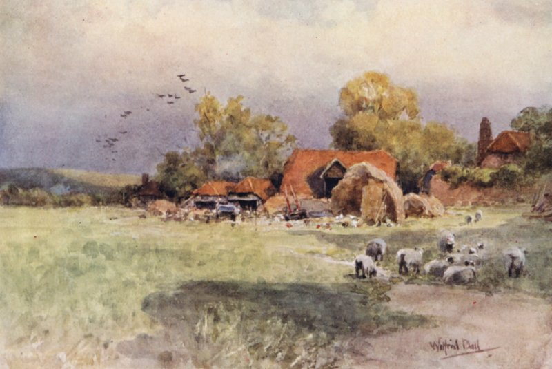 På Sutton Manor, Home Farm (färglitografi) av Wilfrid Williams Ball