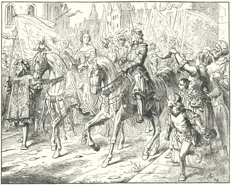 Ärkehertig Maximilian, den blivande helige romerske kejsaren Maximilian I, med sin brud, Maria av Bourgogne, i Gent av Wilhelm Camphausen
