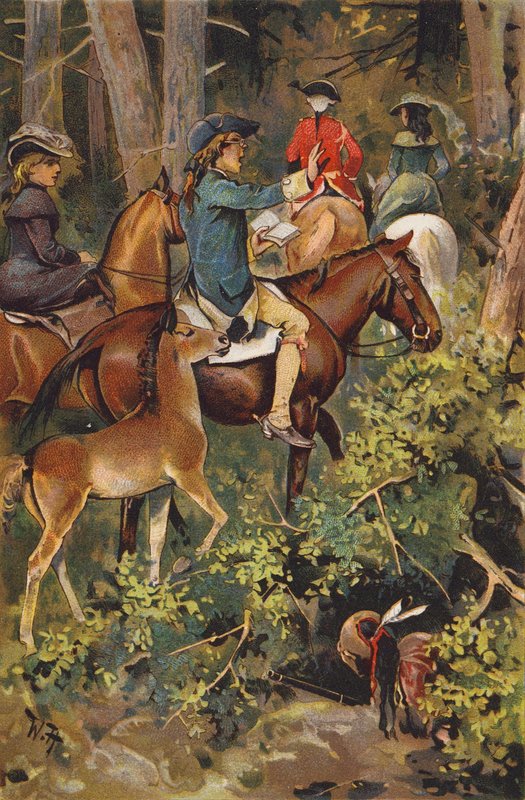 Scen från The Last of the Mohicans, av James Fenimore Cooper (litho i färg) av Wilhelm Hoffmann