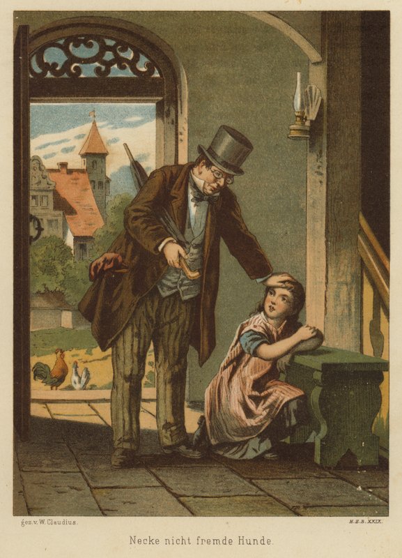 Pappa tröstar sin dotter efter att hon drabbats av konsekvenserna av att reta en hund (färg litho) av Wilhelm Ludwig Heinrich Claudius
