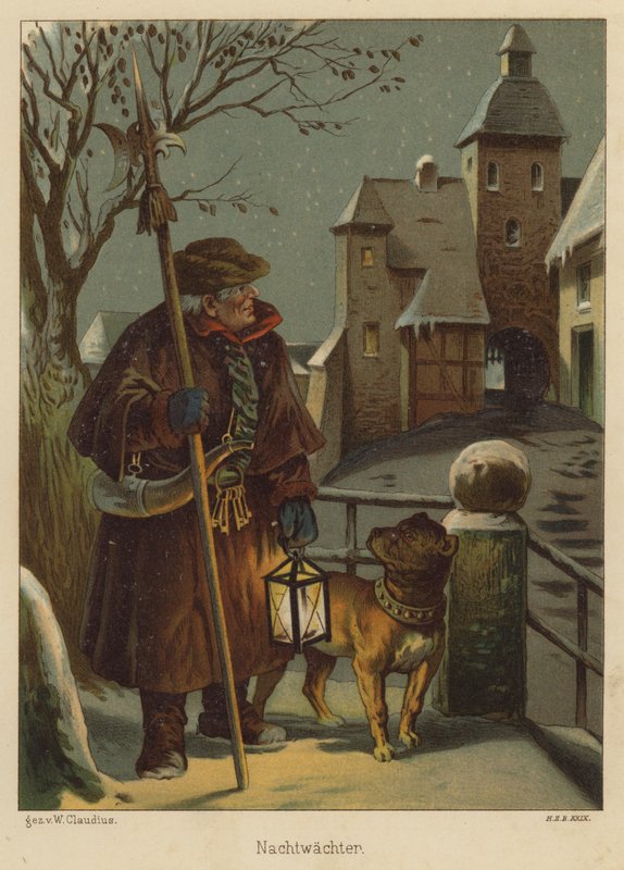 Nightwatchman (färg litho) av Wilhelm Ludwig Heinrich Claudius
