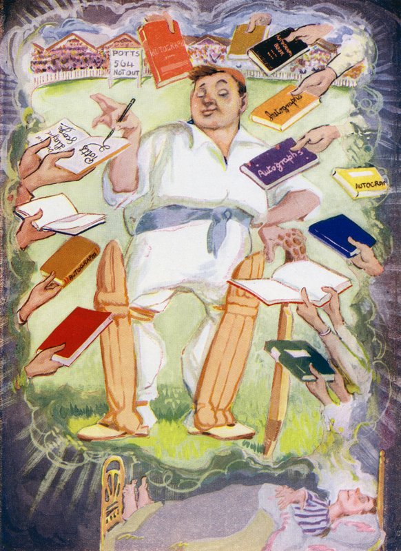 Drömmen om Potts Minor före skolans cricketmatch (färglitografi) av Will Dyson