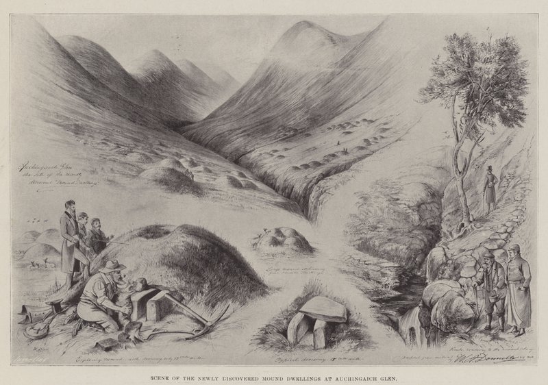 Scenen av de nyupptäckta högbostäderna vid Auchingaich Glen av William A. Donnelly