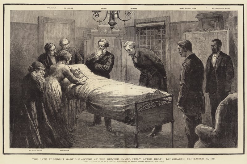 Den avlidne presidenten Garfield, scen vid hans sida omedelbart efter döden, Longbranch, 19 september 1881 av William Allen Rogers